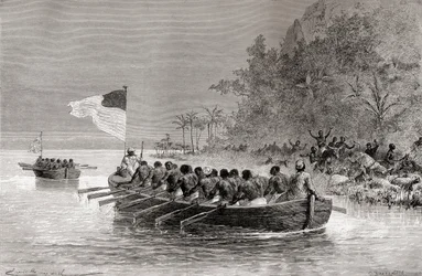 Dr. David Livingstone in the first boat, flying the English flag, and Henry Morton Stanley in the second boat, flying the American flag, during their expedition in Africa in 1872, illustration from 